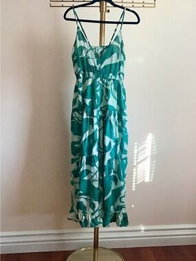 Sleeveless Teal Leaf-Print Maxi Dress with Adjustable Straps